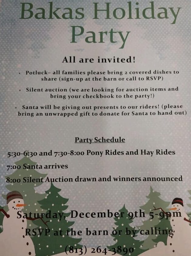 Bakas Equestrian Center Holiday Party flier.
