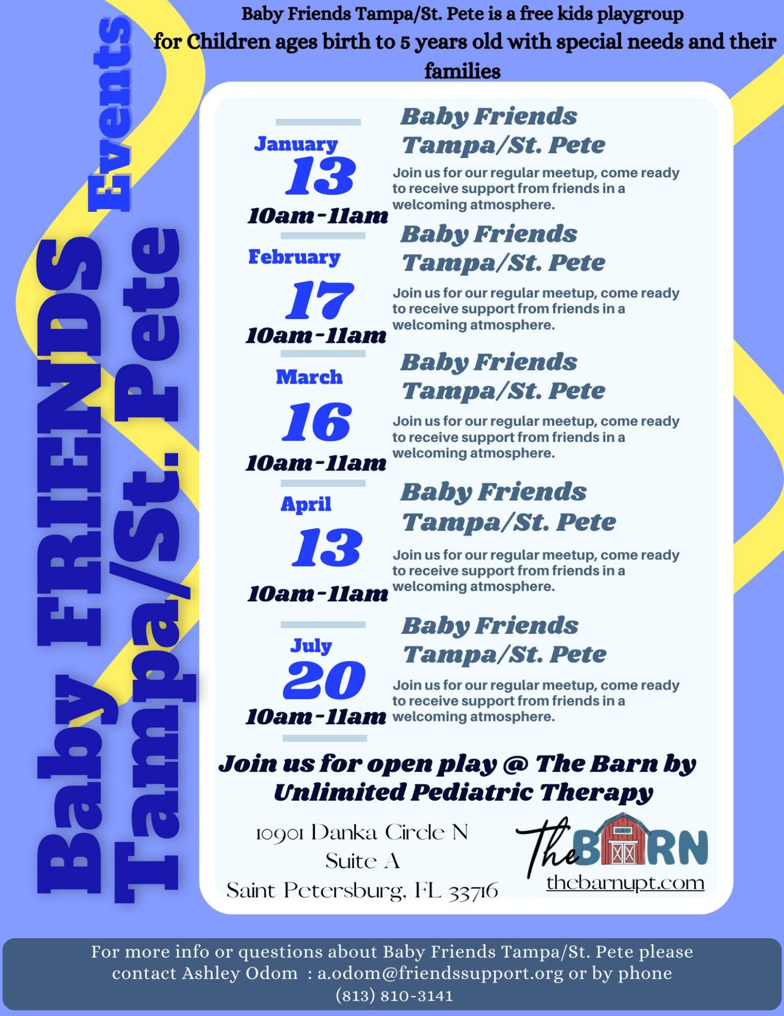 Join the Baby Friends playgroup, a no-cost gathering for children aged birth to 5 years with special needs and their families. Be prepared to receive support from friends in a welcoming atmosphere.