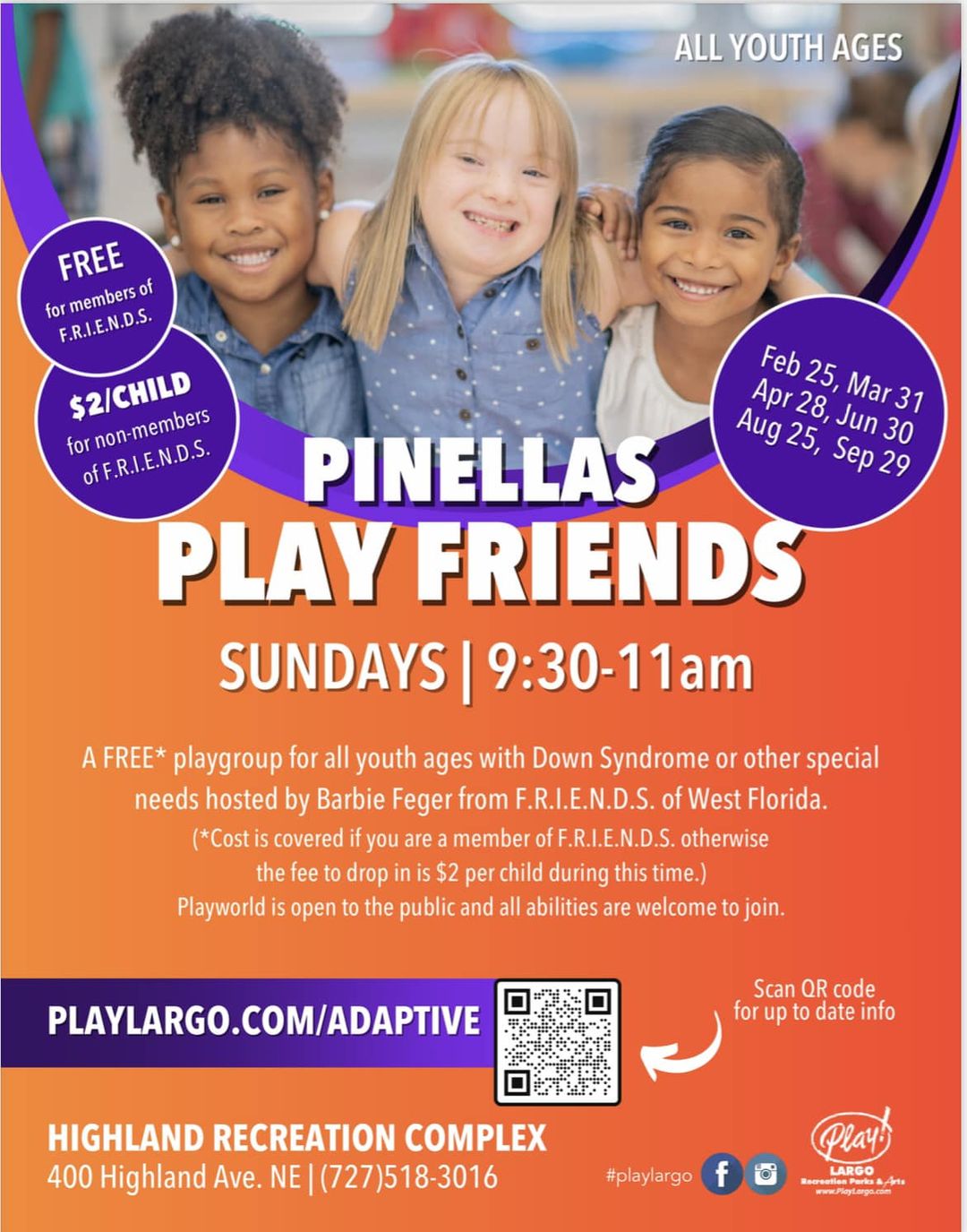 Participate in this no-cost playgroup designed for youth of all ages with Down Syndrome or other special needs, hosted by Barbie Feger from F.R.I.E.N.D.S. of West Florida.