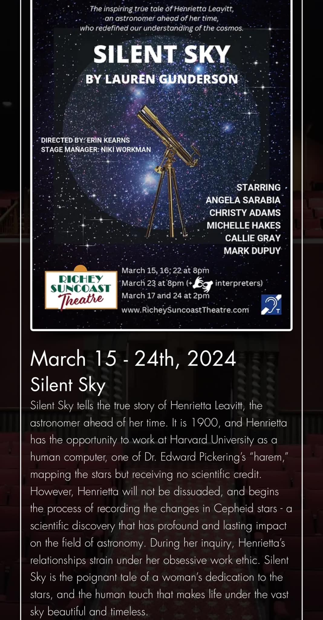 This is a graphic for the Silent Sky, the ASL Interpreted Show.
