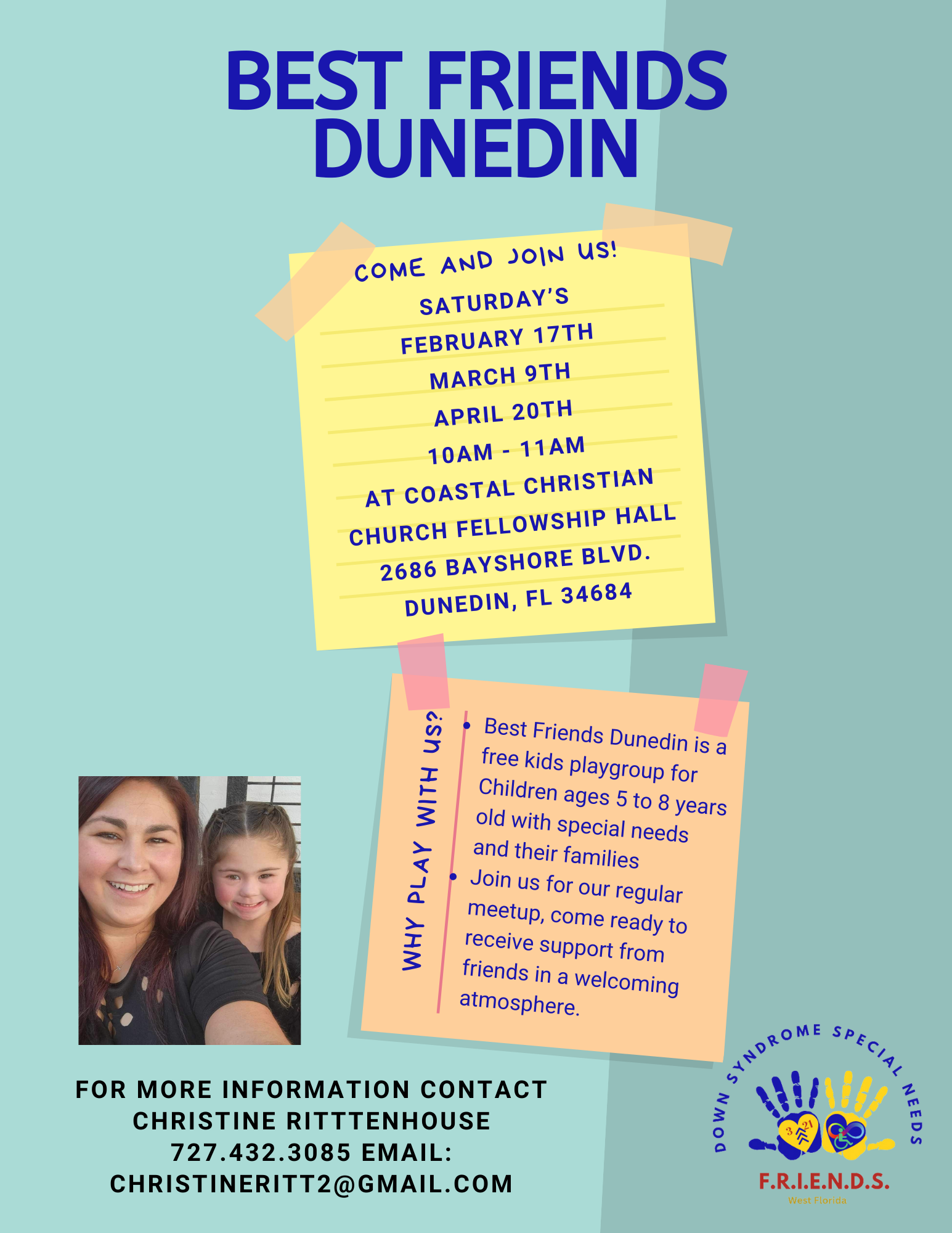 This is a graphic for a free special needs playgroup called Dunedin Best Friends.