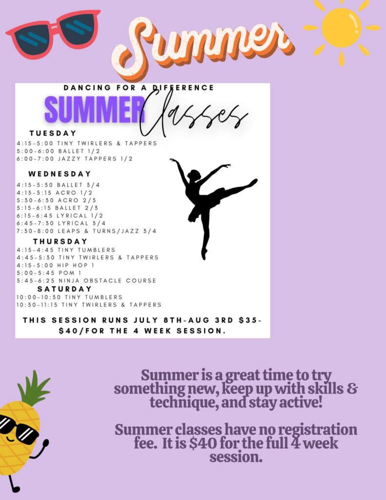 This graphic is for summer classes at Dancing for a Difference.