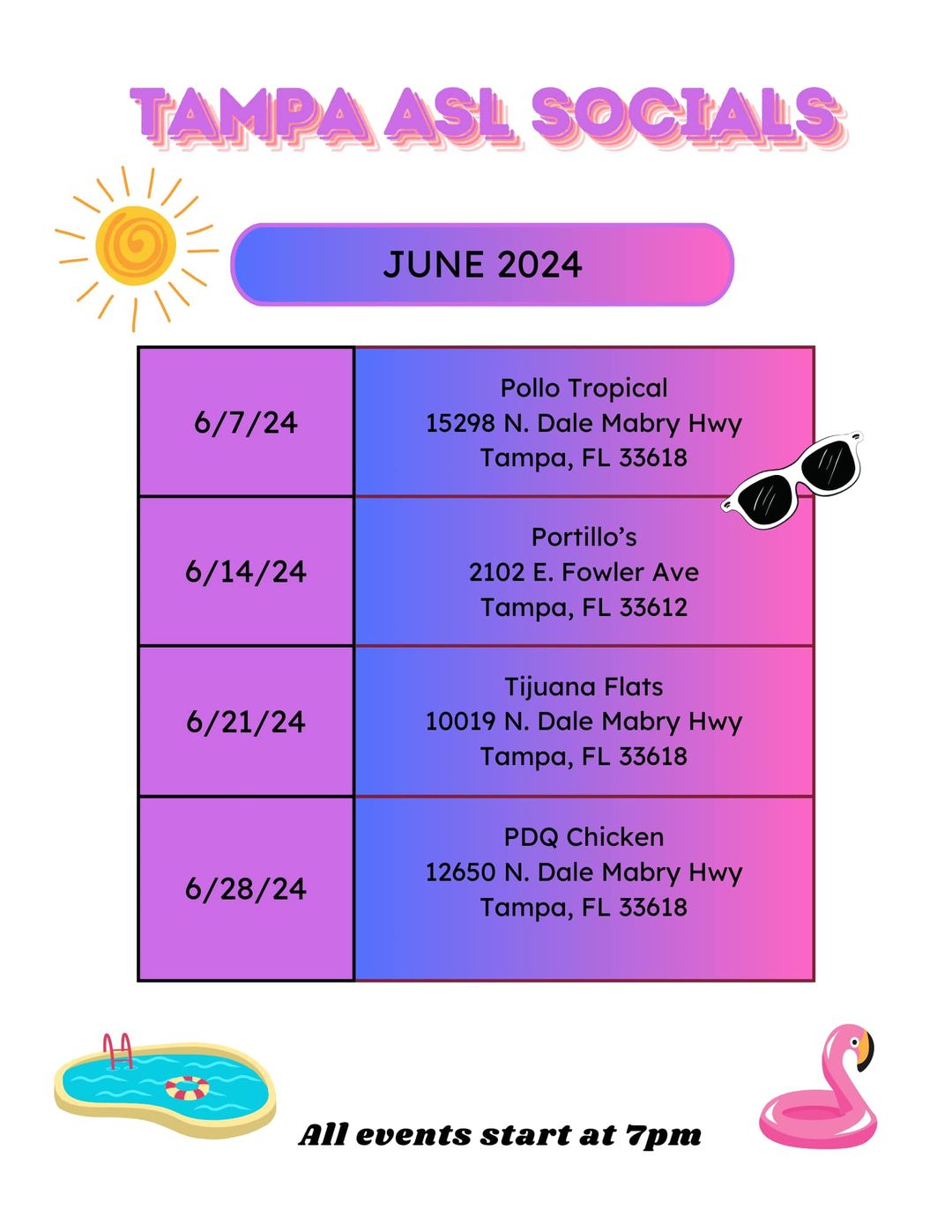 This is graphic for Tampa ASL Socials dates in June.