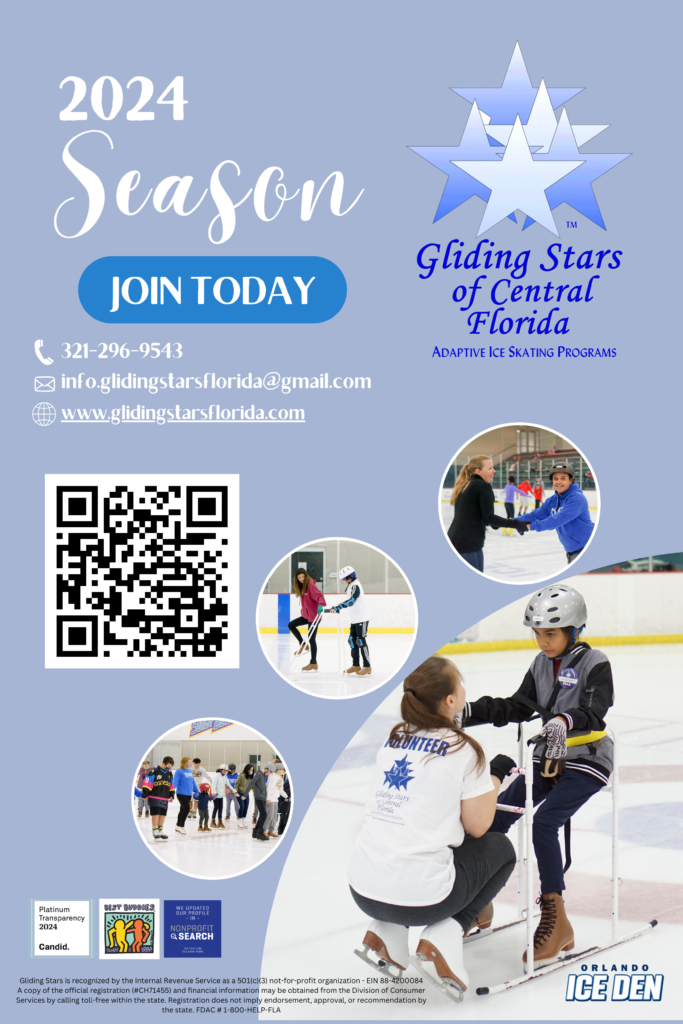 This is a graphic for Gliding Stars -Adaptive Ice Skating. There is a skate instructor and a small boy pictured.
